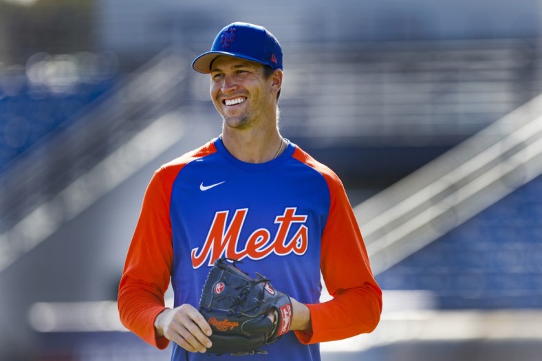 Mar 13, 2022; Port St. Lucie, FL, USA; New York Mets starting pitcher Jacob deGrom (48) reacts after working out during spring training. Mandatory Credit: Sam Navarro-USA TODAY Sports