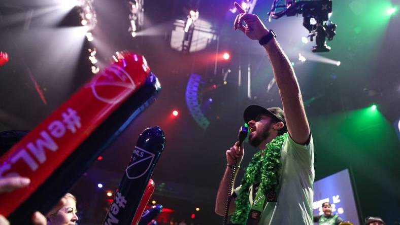 La Murga de Austin lead capo Anthony Cardinal leads the crowd in Austin FC chants during the the eMLS Cup tournament at the Moody Theater on March 13, 2022. The eMLS Cup is the championship tournament that determines which player is the best FIFA esports player in North America.

Aem Sxsw Emls Cup 14