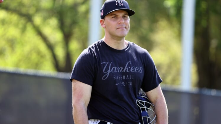 Mar 15, 2022; Tampa, FL, USA; New York Yankees catcher Ben Rortvedt (38) looks on during spring training workouts at George M. Steinbrenner Field. Mandatory Credit: Kim Klement-USA TODAY Sports
