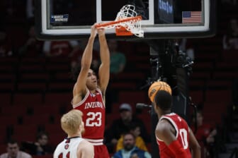 Mar 17, 2022; Portland, OR, USA; Indiana Hoosiers forward Trayce Jackson-Davis (23) dunks the basketball against the Saint Mary's Gaels during the first half during the first round of the 2022 NCAA Tournament at Moda Center. Mandatory Credit: Soobum Im-USA TODAY Sports