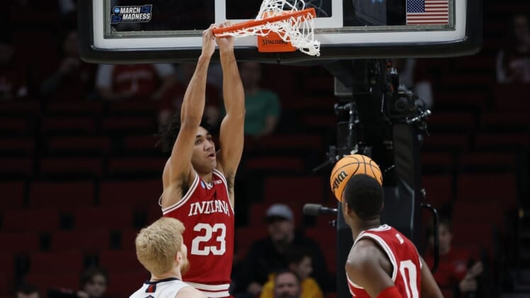 Mar 17, 2022; Portland, OR, USA; Indiana Hoosiers forward Trayce Jackson-Davis (23) dunks the basketball against the Saint Mary's Gaels during the first half during the first round of the 2022 NCAA Tournament at Moda Center. Mandatory Credit: Soobum Im-USA TODAY Sports