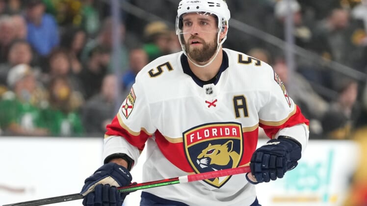 Mar 17, 2022; Las Vegas, Nevada, USA; Florida Panthers defenseman Aaron Ekblad (5) is pictured in a game against the Vegas Golden Knights during the first period at T-Mobile Arena. Mandatory Credit: Stephen R. Sylvanie-USA TODAY Sports