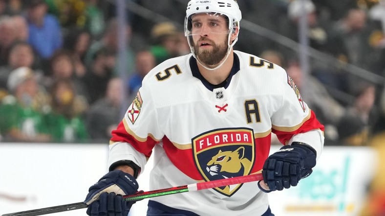 Mar 17, 2022; Las Vegas, Nevada, USA; Florida Panthers defenseman Aaron Ekblad (5) is pictured in a game against the Vegas Golden Knights during the first period at T-Mobile Arena. Mandatory Credit: Stephen R. Sylvanie-USA TODAY Sports