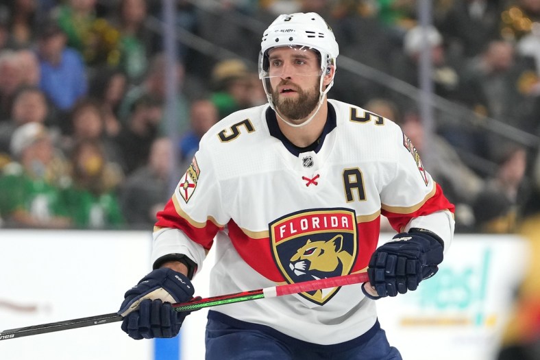 Mar 17, 2022; Las Vegas, Nevada, USA; Florida Panthers defenseman Aaron Ekblad (5) is pictured in a game against the Vegas Golden Knights during the first period at T-Mobile Arena. Mandatory Credit: Stephen R. Sylvanie-USA TODAY Sports
