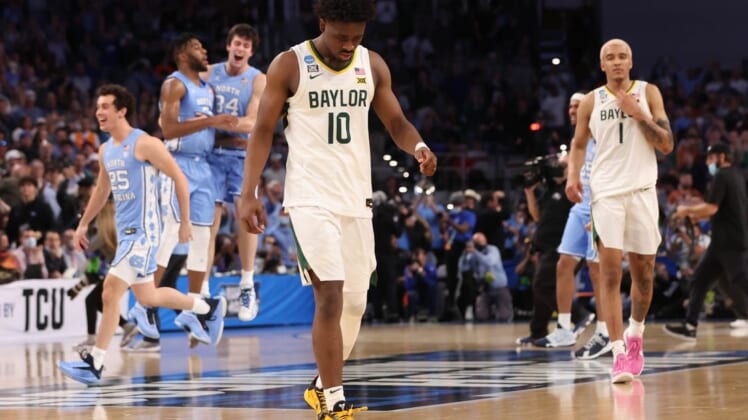 Mar 19, 2022; Fort Worth, TX, USA; Baylor Bears guard Adam Flagler (10) walks off the court after losing to the North Carolina Tar Heels during the second round of the 2022 NCAA Tournament at Dickies Arena. Mandatory Credit: Kevin Jairaj-USA TODAY Sports