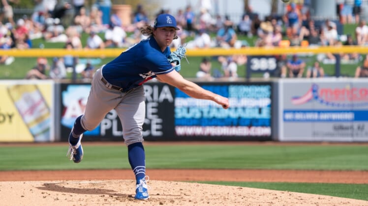 Mar 19, 2022; Peoria, Arizona, USA; Los Angeles Dodgers pitcher Ryan Pepiot (89) on the mound in the second inning against the Seattle Mariners during spring training at Peoria Sports Complex. Mandatory Credit: Allan Henry-USA TODAY Sports