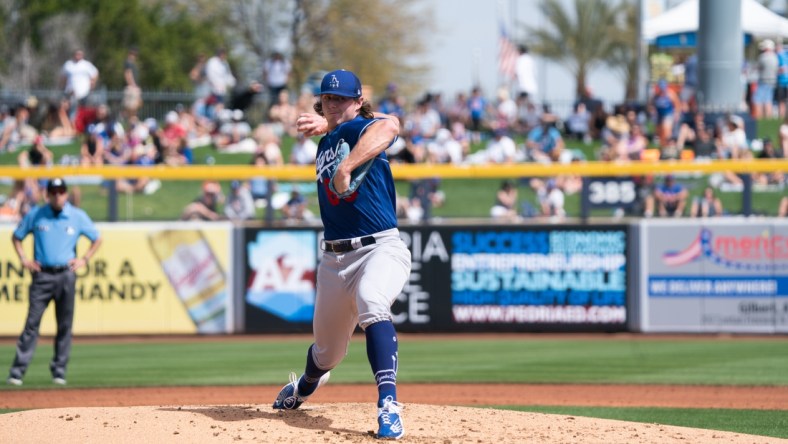 Mar 19, 2022; Peoria, Arizona, USA; Los Angeles Dodgers pitcher Ryan Pepiot (89) on the mound in the second inning against the Seattle Mariners during spring training at Peoria Sports Complex. Mandatory Credit: Allan Henry-USA TODAY Sports