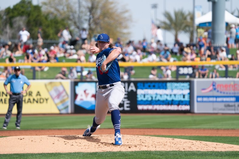 Mar 19, 2022; Peoria, Arizona, USA; Los Angeles Dodgers pitcher Ryan Pepiot (89) on the mound in the second inning against the Seattle Mariners during spring training at Peoria Sports Complex. Mandatory Credit: Allan Henry-USA TODAY Sports