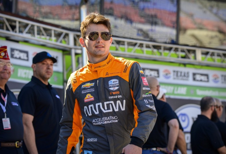 Mar 20, 2022; Fort Worth, Texas, USA; Arrow McLaren SP driver Pato O'Ward (5) of Mexico is introduced before the start of the NTT IndyCar Series XPEL 375 race at Texas Motor Speedway. Mandatory Credit: Jerome Miron-USA TODAY Sports