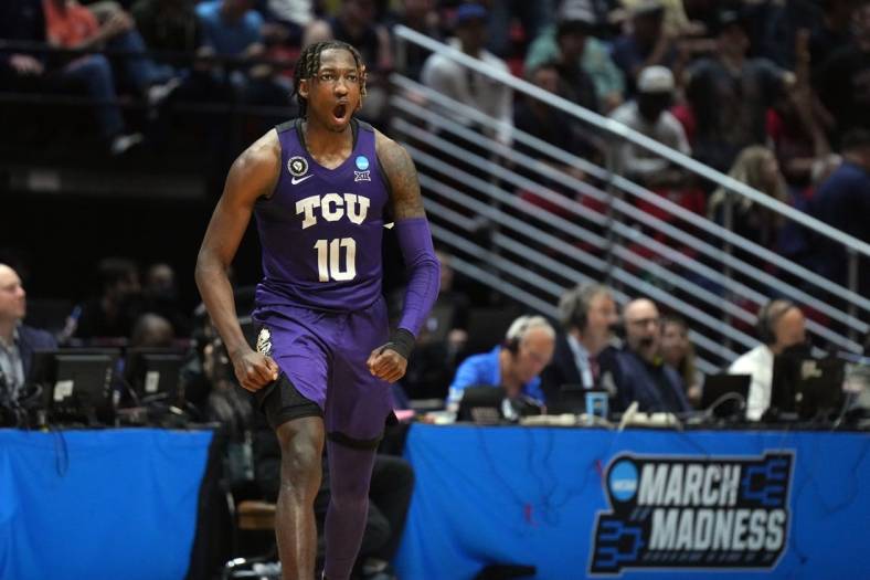 Mar 20, 2022; San Diego, CA, USA; TCU Horned Frogs guard Damion Baugh (10) reacts in the second half against the Arizona Wildcats during the second round of the 2022 NCAA Tournament at Viejas Arena. Mandatory Credit: Kirby Lee-USA TODAY Sports