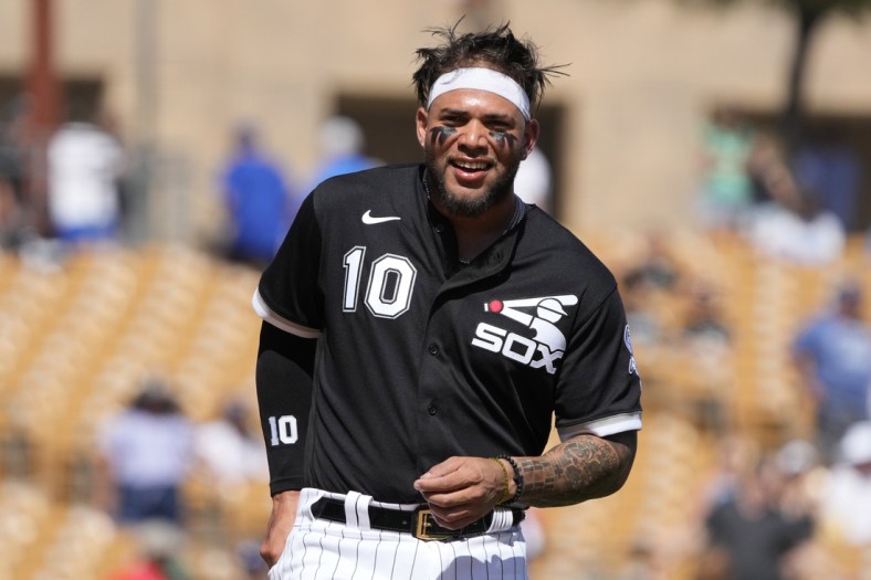 Mar 21, 2022; Phoenix, Arizona, USA; Chicago White Sox third baseman Yoan Moncada (10) gets ready to field against the Los Angeles Dodgers in the third inning during a spring training game at Camelback Ranch-Glendale. Mandatory Credit: Rick Scuteri-USA TODAY Sports