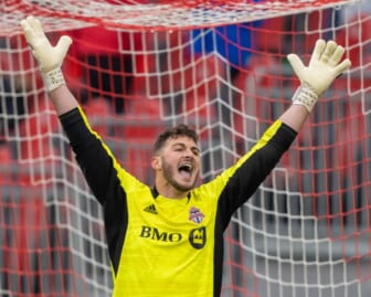 Mar 19, 2022; Toronto, Ontario, CAN; Toronto FC goalkeeper Alex Bono (25) reacts at an MLS game against D.C. United at BMO Field. Mandatory Credit: Kevin Sousa-USA TODAY Sports