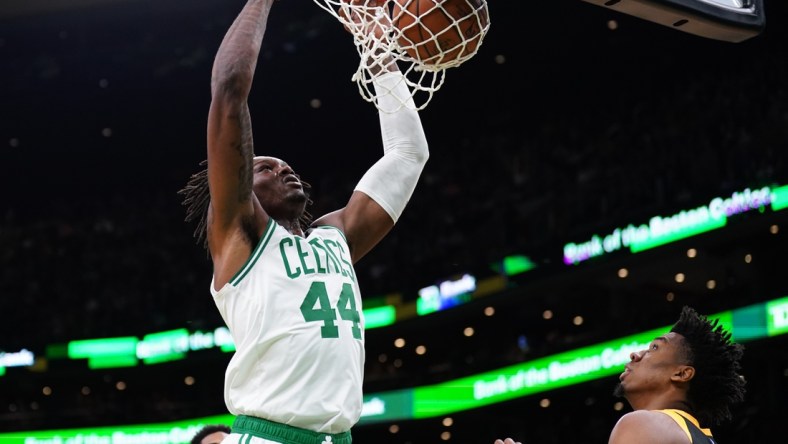 Mar 23, 2022; Boston, Massachusetts, USA; Boston Celtics center Robert Williams III (44) makes the basket against the Utah Jazz in the first quarter at TD Garden. Mandatory Credit: David Butler II-USA TODAY Sports