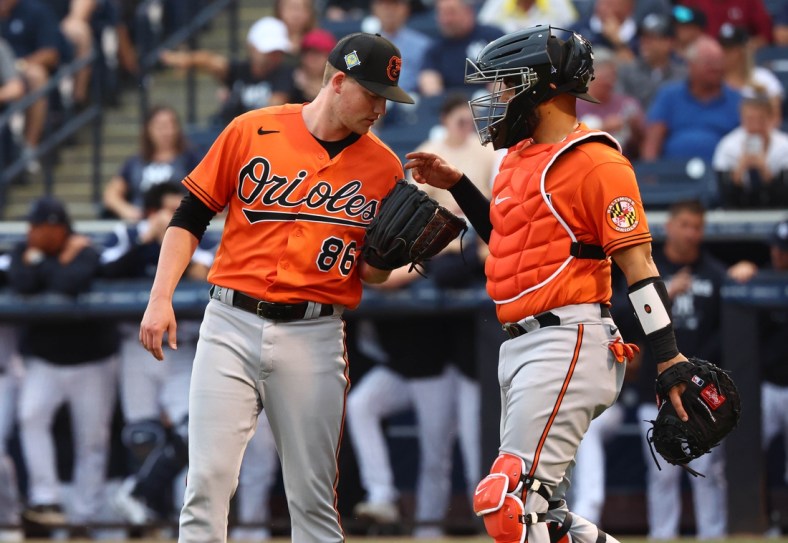 Mar 23, 2022; Tampa, Florida, USA; Baltimore Orioles starting pitcher Kyle Bradish (86) talks with catcher Robinson Chirinos (23) during the first inning against the New York Yankees during spring training at George M. Steinbrenner Field. Mandatory Credit: Kim Klement-USA TODAY Sports