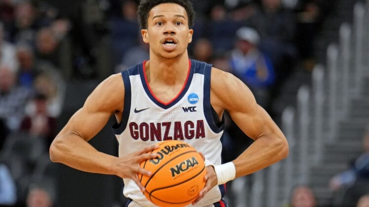 Mar 24, 2022; San Francisco, CA, USA; Gonzaga Bulldogs guard Rasir Bolton (45) passes the ball against the Arkansas Razorbacks during the first half in the semifinals of the West regional of the men's college basketball NCAA Tournament at Chase Center. Mandatory Credit: Kelley L Cox-USA TODAY Sports