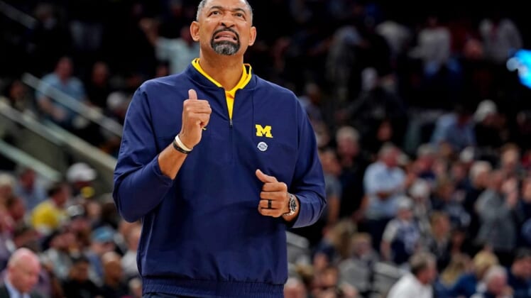 Mar 24, 2022; San Antonio, TX, USA; Michigan Wolverines head coach Juwan Howard reacts against the Villanova Wildcats in the semifinals of the South regional of the men's college basketball NCAA Tournament at AT&T Center. Mandatory Credit: Daniel Dunn-USA TODAY Sports