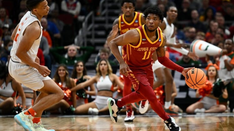 Mar 25, 2022; Chicago, IL, USA; Iowa State Cyclones guard Tyrese Hunter (11) dribbles during the second half against the Miami Hurricanes in the semifinals of the Midwest regional of the men's college basketball NCAA Tournament at United Center. Mandatory Credit: Jamie Sabau-USA TODAY Sports