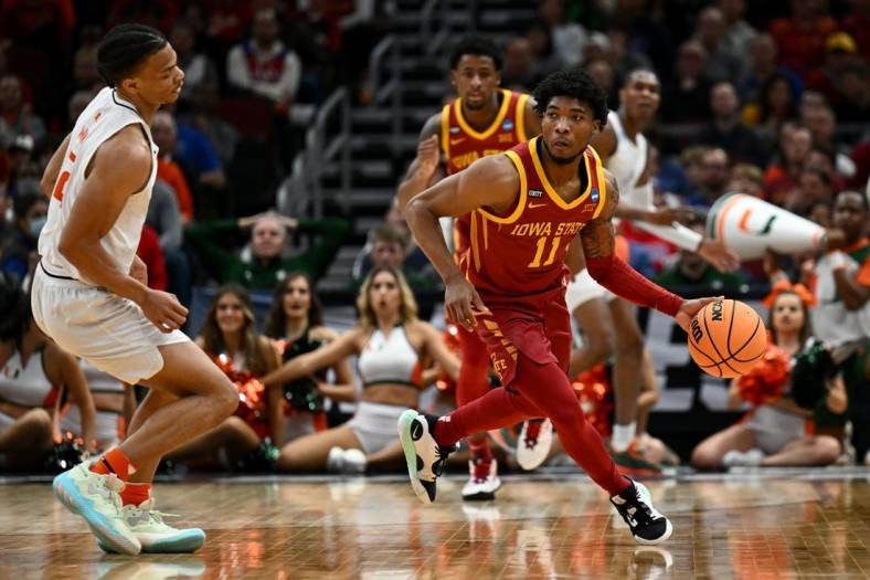 Mar 25, 2022; Chicago, IL, USA; Iowa State Cyclones guard Tyrese Hunter (11) dribbles during the second half against the Miami Hurricanes in the semifinals of the Midwest regional of the men's college basketball NCAA Tournament at United Center. Mandatory Credit: Jamie Sabau-USA TODAY Sports