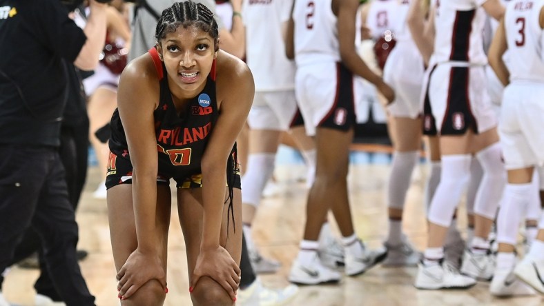 Mar 25, 2022; Spokane, WA, USA; Maryland Terrapins forward Angel Reese (10) looks up at the video board after a game against the Stanford Cardinal in the Spokane regional semifinals of the women's college basketball NCAA Tournament at Spokane Veterans Memorial Arena. Mandatory Credit: James Snook-USA TODAY Sports