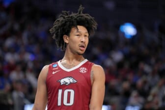 Mar 26, 2022; San Francisco, CA, USA; Arkansas Razorbacks forward Jaylin Williams (10) reacts after a play against the Duke Blue Devils during the second half in the finals of the West regional of the men's college basketball NCAA Tournament at Chase Center. Mandatory Credit: Kelley L Cox-USA TODAY Sports