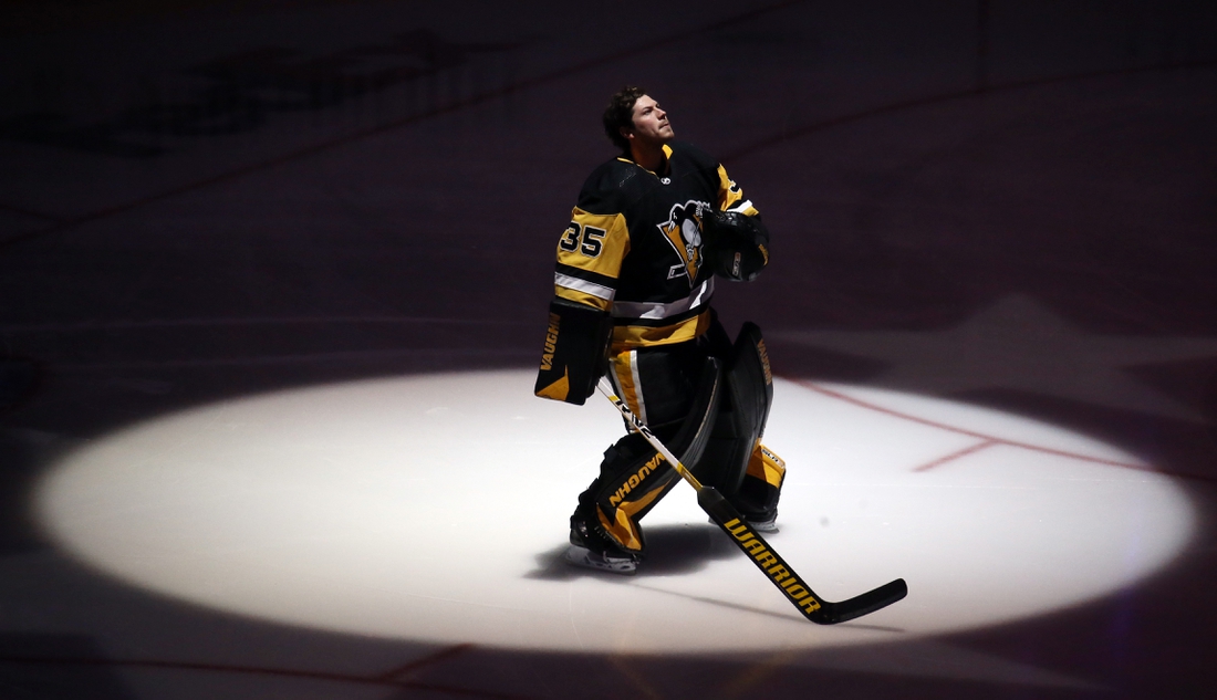 Mar 29, 2022; Pittsburgh, Pennsylvania, USA;  Pittsburgh Penguins goaltender Tristan Jarry (35) stands for the national anthem against the New York Rangers at PPG Paints Arena. Mandatory Credit: Charles LeClaire-USA TODAY Sports