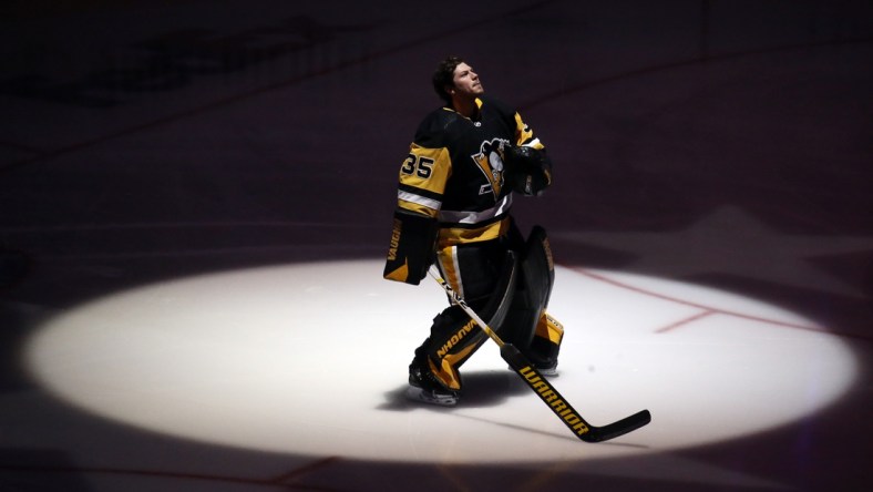 Mar 29, 2022; Pittsburgh, Pennsylvania, USA;  Pittsburgh Penguins goaltender Tristan Jarry (35) stands for the national anthem against the New York Rangers at PPG Paints Arena. Mandatory Credit: Charles LeClaire-USA TODAY Sports