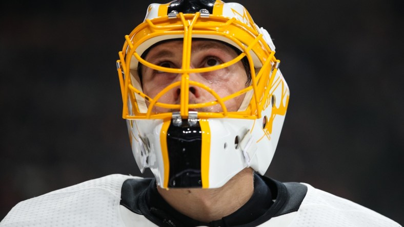 Mar 31, 2022; Saint Paul, Minnesota, USA; Pittsburgh Penguins goaltender Casey DeSmith (1) looks on against the Minnesota Wild in the second period at Xcel Energy Center. Mandatory Credit: David Berding-USA TODAY Sports