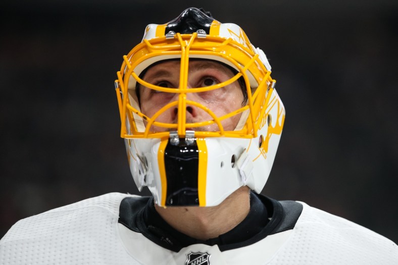 Mar 31, 2022; Saint Paul, Minnesota, USA; Pittsburgh Penguins goaltender Casey DeSmith (1) looks on against the Minnesota Wild in the second period at Xcel Energy Center. Mandatory Credit: David Berding-USA TODAY Sports
