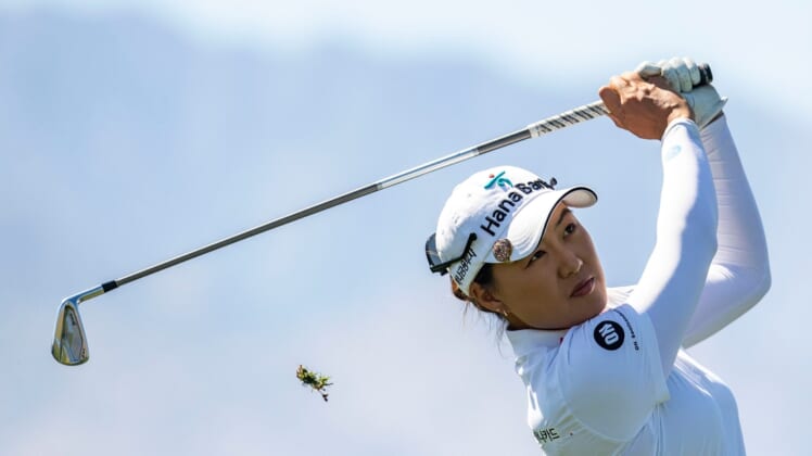 Minjee Lee of Australia tees off on hole eight during round two of the Chevron Championship at Mission Hills Country Club in Rancho Mirage, Calif., Friday, April 1, 2022.