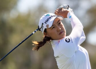 Minjee Lee of Australia tees off on six during round two of the Chevron Championship at Mission Hills Country Club in Rancho Mirage, Calif., Friday, April 1, 2022.
