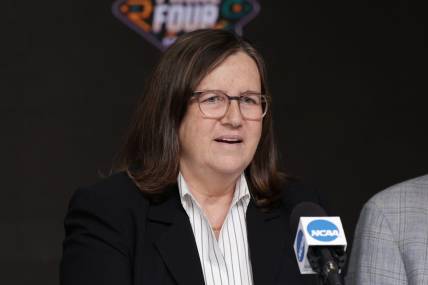 Apr 2, 2022; New Orleans, LA, USA;  Naismith Memorial Basketball Hall of Fame inductee and Indiana Fever head coach Marianne Stanley speaks during a press conference at Caesars Superdome. Mandatory Credit: Stephen Lew-USA TODAY Sports