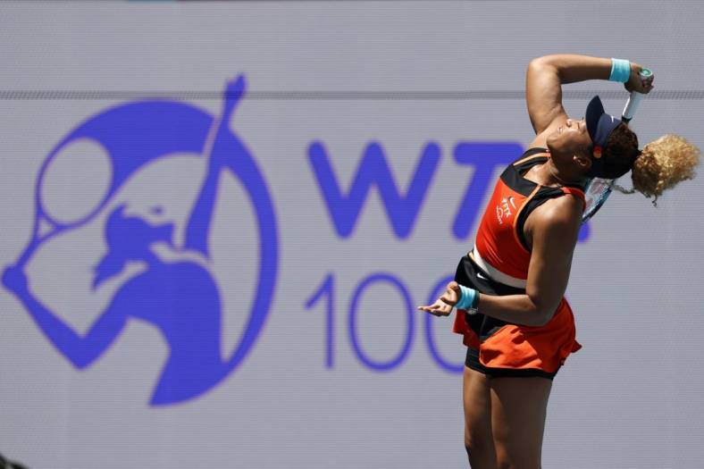 Apr 2, 2022; Miami Gardens, FL, USA; Naomi Osaka (JPN) warms up prior to her match against Iga Swiatek (POL)(not pictured) in the women's singles final in the Miami Open at Hard Rock Stadium. Mandatory Credit: Geoff Burke-USA TODAY Sports