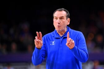 Apr 2, 2022; New Orleans, LA, USA; Duke Blue Devils head coach Mike Krzyzewski gestures to his team against the North Carolina Tar Heels during the second half during the 2022 NCAA men's basketball tournament Final Four semifinals at Caesars Superdome. Mandatory Credit: Bob Donnan-USA TODAY Sports