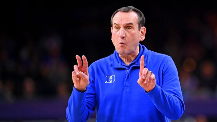 Apr 2, 2022; New Orleans, LA, USA; Duke Blue Devils head coach Mike Krzyzewski gestures to his team against the North Carolina Tar Heels during the second half during the 2022 NCAA men's basketball tournament Final Four semifinals at Caesars Superdome. Mandatory Credit: Bob Donnan-USA TODAY Sports