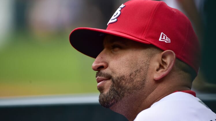 Apr 7, 2022; St. Louis, Missouri, USA;  St. Louis Cardinals manager Oliver Marmol (37) looks on from the dugout during the sixth inning of Opening Day against the Pittsburgh Pirates at Busch Stadium. Mandatory Credit: Jeff Curry-USA TODAY Sports