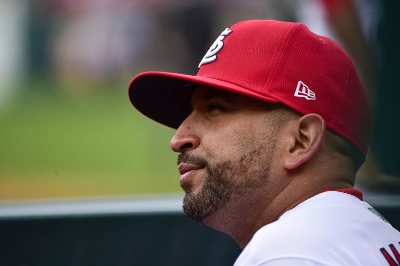 Apr 7, 2022; St. Louis, Missouri, USA;  St. Louis Cardinals manager Oliver Marmol (37) looks on from the dugout during the sixth inning of Opening Day against the Pittsburgh Pirates at Busch Stadium. Mandatory Credit: Jeff Curry-USA TODAY Sports