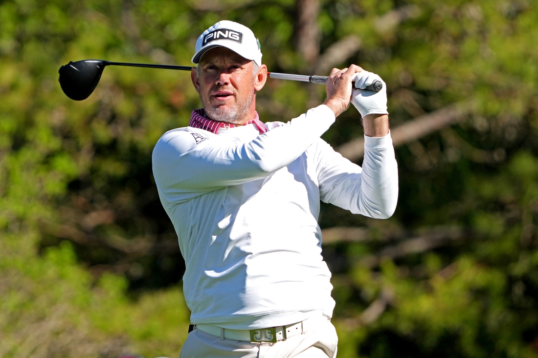 Apr 8, 2022; Augusta, Georgia, USA; Lee Westwood plays his shot from the fifth tee during the second round of The Masters golf tournament. Mandatory Credit: Kyle Terada-USA TODAY Sports