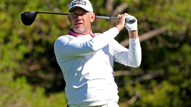 Apr 8, 2022; Augusta, Georgia, USA; Lee Westwood plays his shot from the fifth tee during the second round of The Masters golf tournament. Mandatory Credit: Kyle Terada-USA TODAY Sports