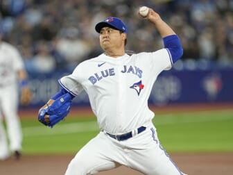 Apr 10, 2022; Toronto, Ontario, CAN; Toronto Blue Jays pitcher Hyun Jin Ryu (99) pitches to the Texas Rangers during the first inning at Rogers Centre. Mandatory Credit: John E. Sokolowski-USA TODAY Sports