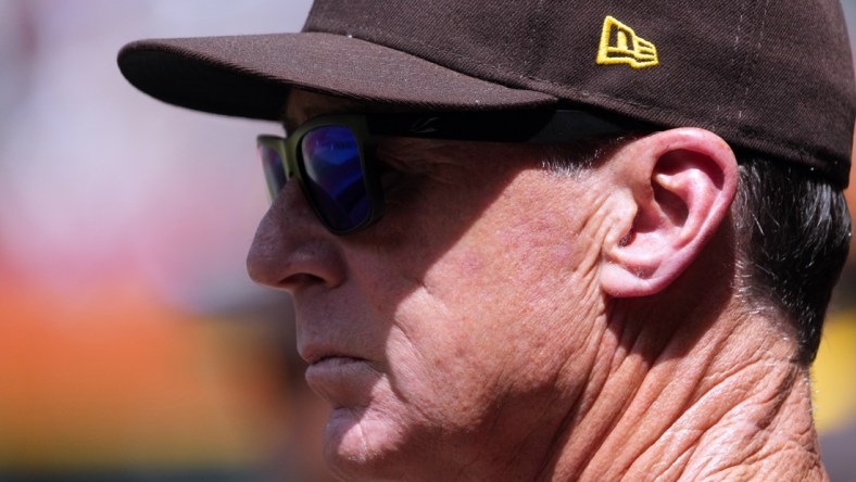 Apr 10, 2022; Phoenix, Arizona, USA; San Diego Padres manager Bob Melvin (3) looks on against the Arizona Diamondbacks during the first inning at Chase Field. Mandatory Credit: Joe Camporeale-USA TODAY Sports