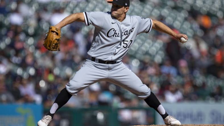 Apr 10, 2022; Detroit, Michigan, USA; Chicago White Sox relief pitcher Tanner Banks (57) pitches during the eighth inning against the Detroit Tigers at Comerica Park. Mandatory Credit: Raj Mehta-USA TODAY Sports