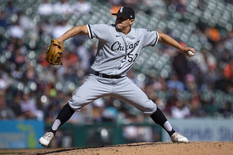 Apr 10, 2022; Detroit, Michigan, USA; Chicago White Sox relief pitcher Tanner Banks (57) pitches during the eighth inning against the Detroit Tigers at Comerica Park. Mandatory Credit: Raj Mehta-USA TODAY Sports