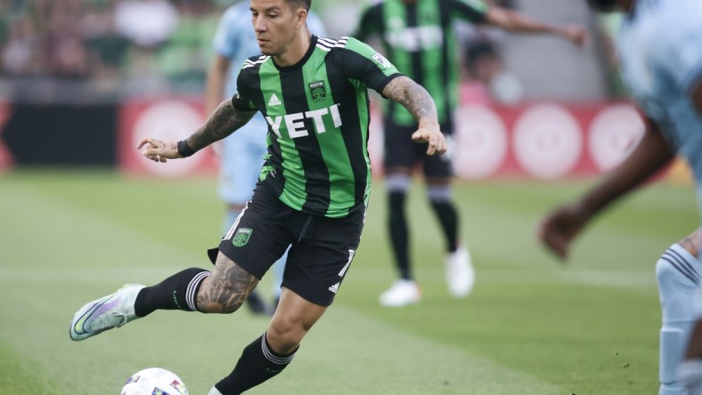 Apr 10, 2022; Austin, Texas, USA;  Austin FC forward Sebastian Driussi (7) plays the ball against the  Minnesota United FC in the first half at Q2 Stadium. Mandatory Credit: Erich Schlegel-USA TODAY Sports