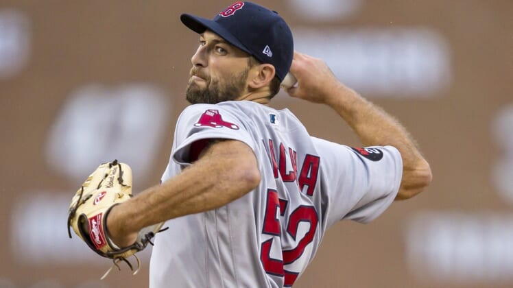 Apr 11, 2022; Detroit, Michigan, USA; Boston Red Sox starting pitcher Michael Wacha (52) pitches during the first inning against the Detroit Tigers at Comerica Park. Mandatory Credit: Raj Mehta-USA TODAY Sports