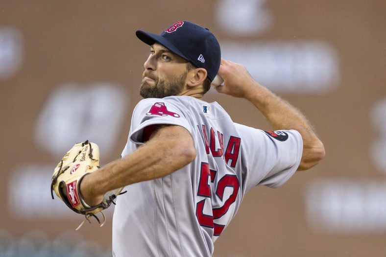 Apr 11, 2022; Detroit, Michigan, USA; Boston Red Sox starting pitcher Michael Wacha (52) pitches during the first inning against the Detroit Tigers at Comerica Park. Mandatory Credit: Raj Mehta-USA TODAY Sports