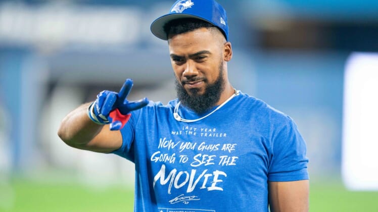 Apr 8, 2022; Toronto, Ontario, CAN; Toronto Blue Jays right fielder Teoscar Hernandez (37) gestures at the camera during batting practice against the Texas Rangers at Rogers Centre . Mandatory Credit: Nick Turchiaro-USA TODAY Sports