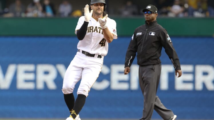 Apr 12, 2022; Pittsburgh, Pennsylvania, USA;  Pittsburgh Pirates center fielder Jake Marisnick (41) reacts after hitting a double against the Chicago Cubs during the fifth inning at PNC Park. Mandatory Credit: Charles LeClaire-USA TODAY Sports