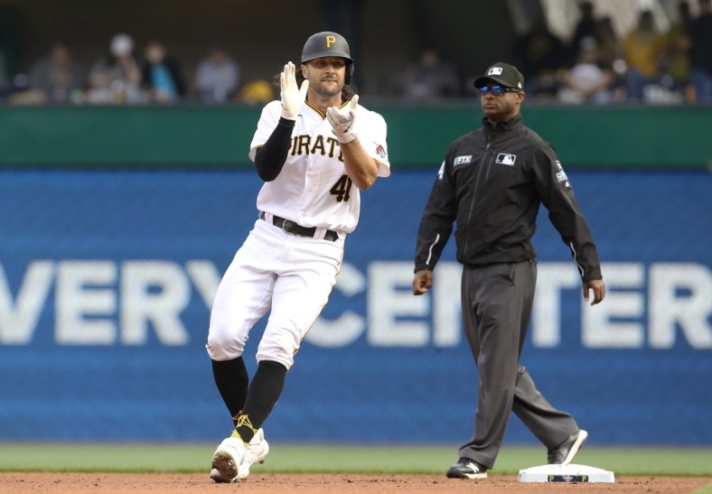 Apr 12, 2022; Pittsburgh, Pennsylvania, USA;  Pittsburgh Pirates center fielder Jake Marisnick (41) reacts after hitting a double against the Chicago Cubs during the fifth inning at PNC Park. Mandatory Credit: Charles LeClaire-USA TODAY Sports
