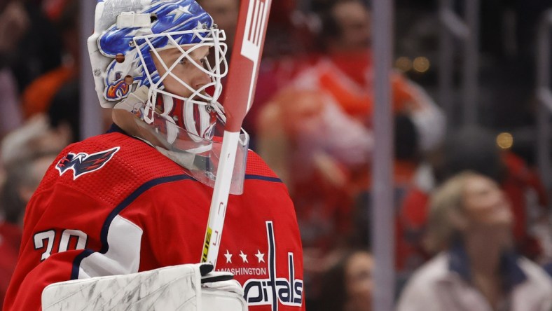 Apr 12, 2022; Washington, District of Columbia, USA; Washington Capitals goaltender Ilya Samsonov (30) stands on the ice against the Philadelphia Flyers in the second period at Capital One Arena. Mandatory Credit: Geoff Burke-USA TODAY Sports