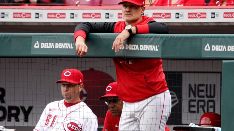 Cincinnati Reds manager David Bell (25) watches the game in the third inning during a baseball game against the Cleveland Guardians, Tuesday, April 12, 2022, at Great American Ball Park in Cincinnati, Ohio.Cleveland Guardians At Cincinnati Reds Home Opener April 12 0373